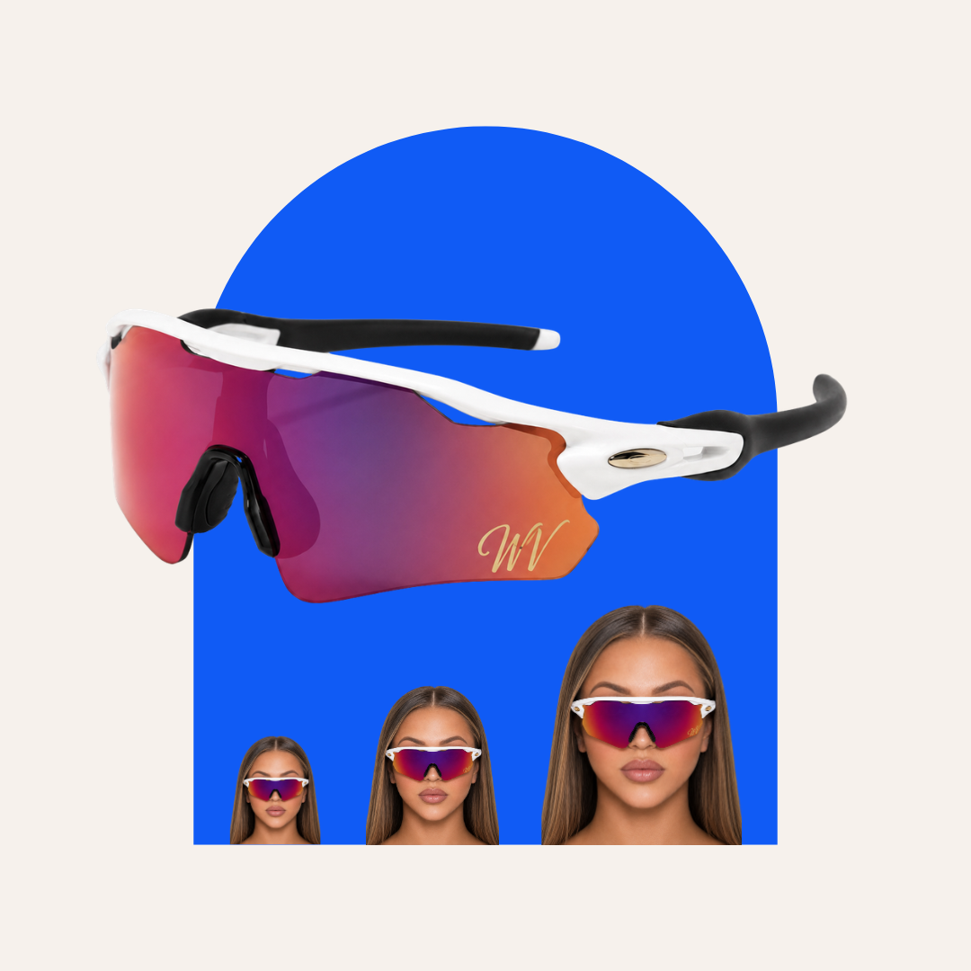 Woah Vyzrz shield sunglasses floating over a cobalt arch