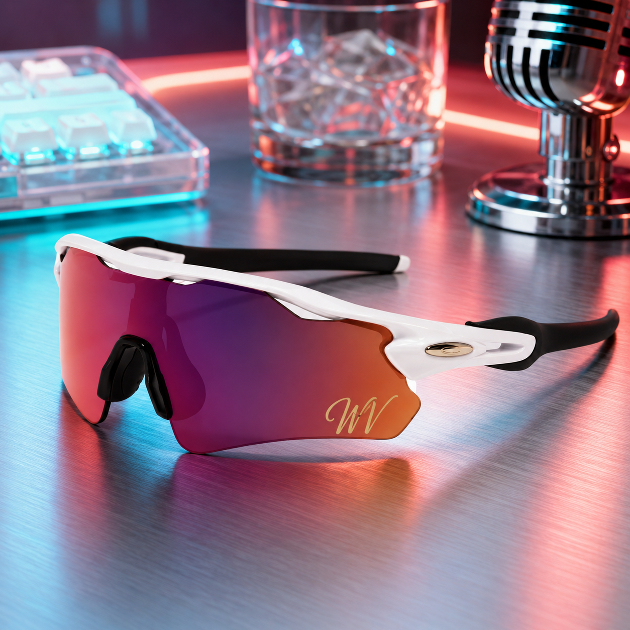 Woah Vyzrz on brushed metal under neon bar lighting