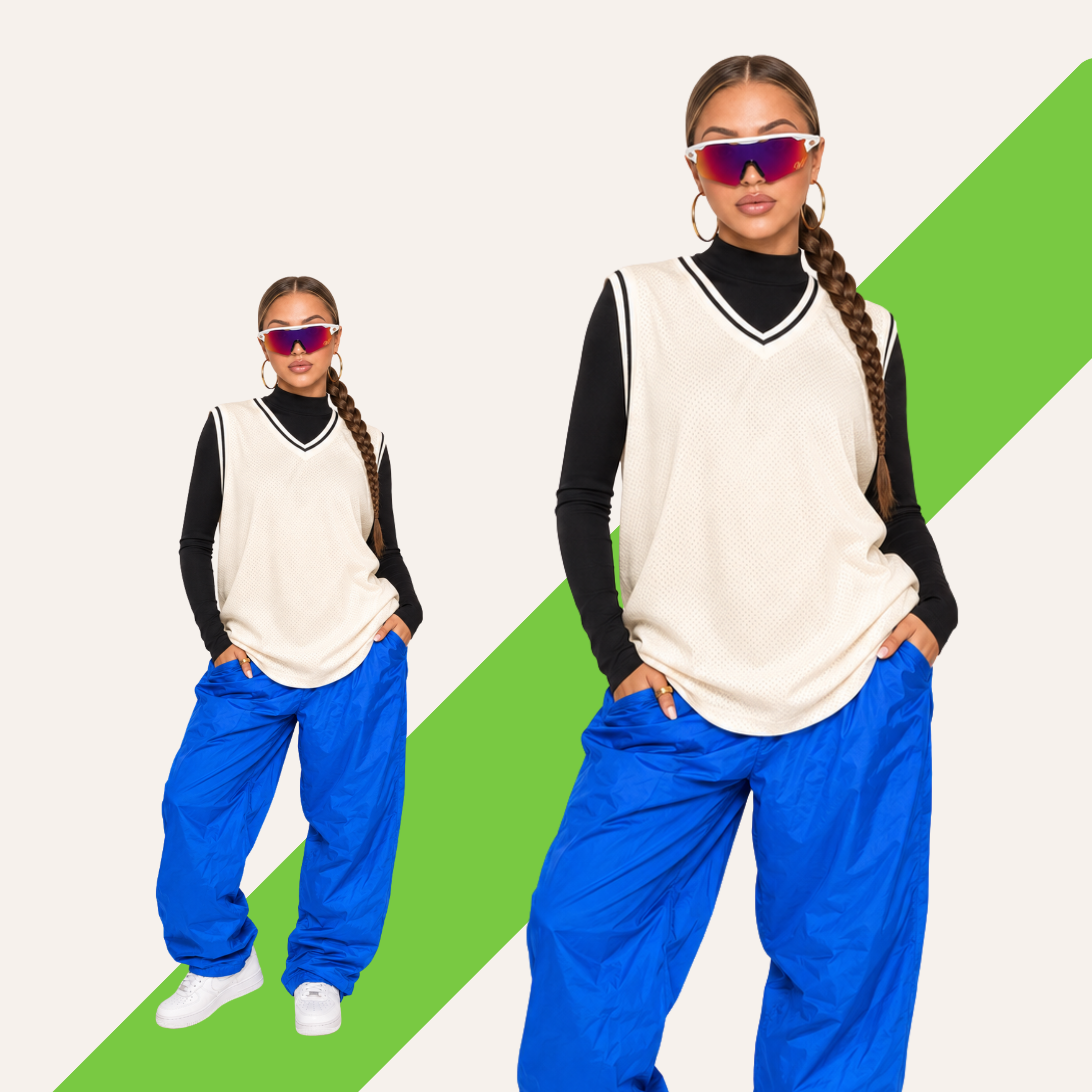 Model in a cream knit vest and cobalt parachute pants wearing Woah Vyzrz
