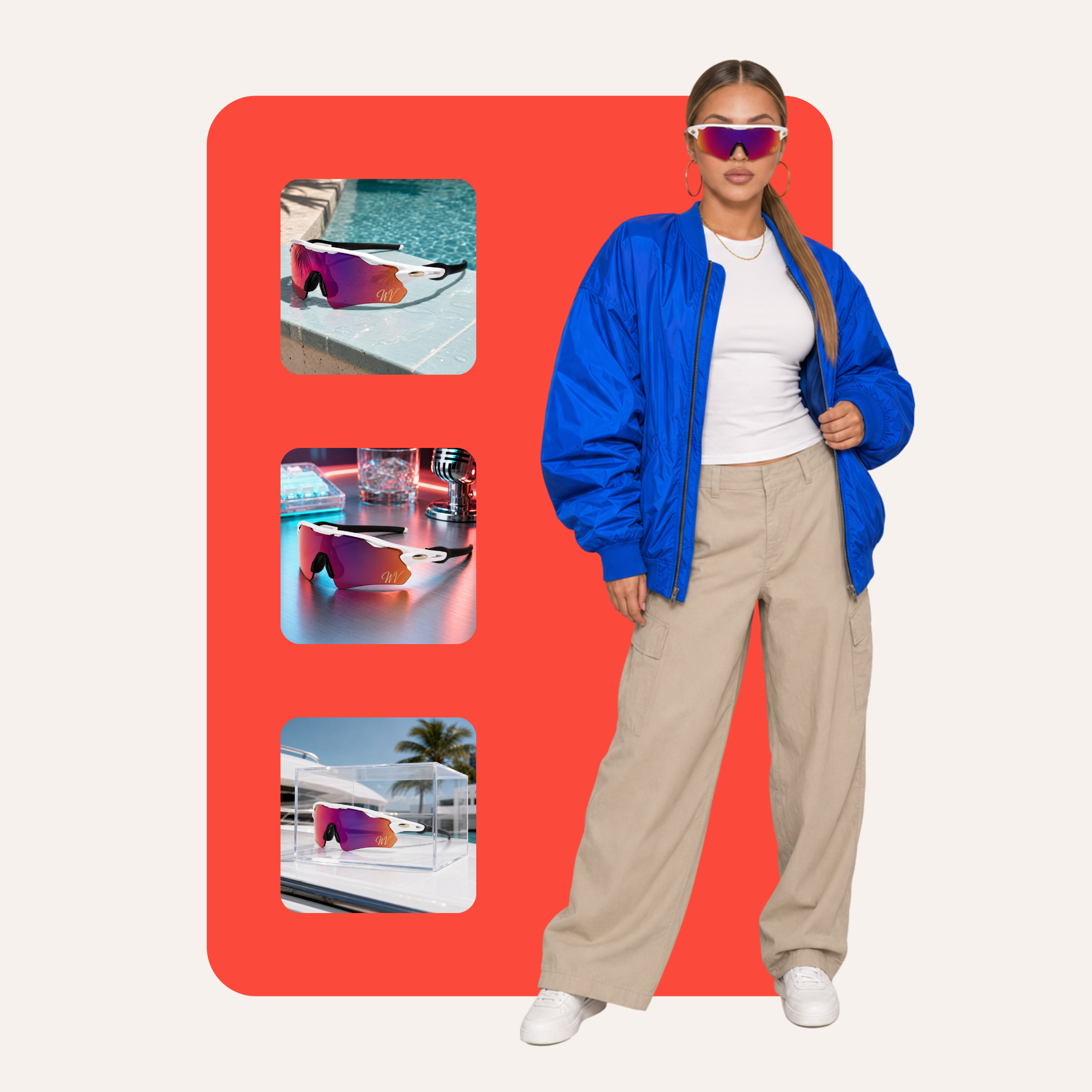 Model in a cobalt bomber and khaki cargos wearing Woah Vyzrz